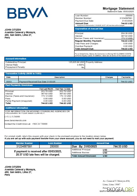 Relevé hypothécaire de la Banco de Comercio du Pérou aux formats Word et PDF